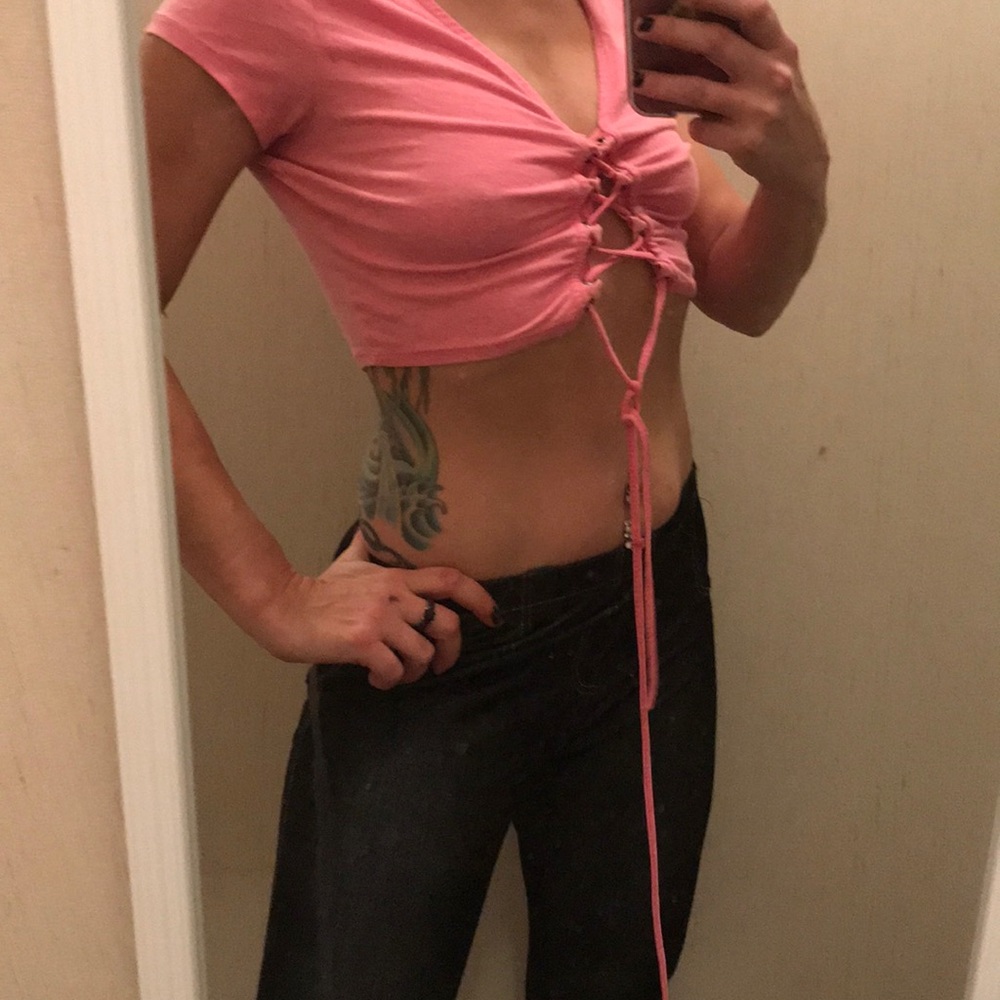 Pink lace up front cropped top! Medium